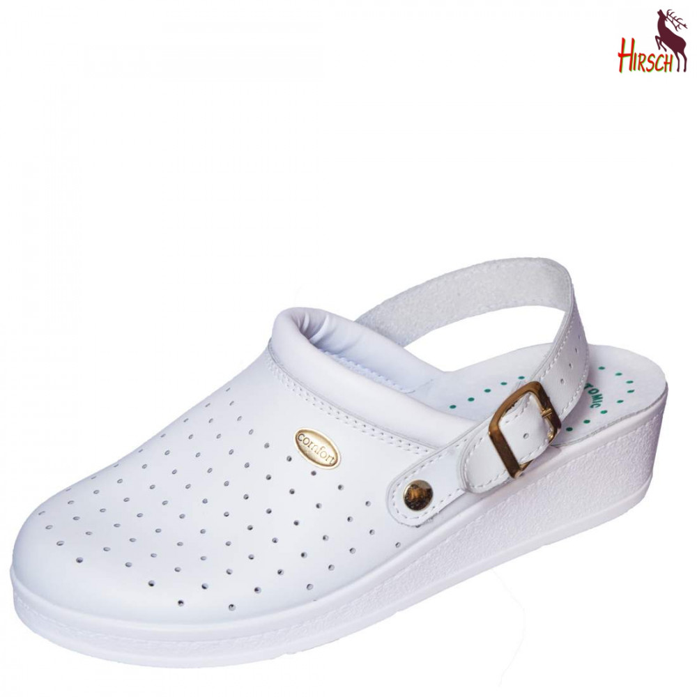Image of HirschBio női fehér SRA csúszásmentes bőr klumpa hátsó pánttal 35-42