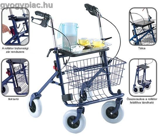 Image of Thuasne QUATRO rollátor hurokfékkel, kék színben bevásárlókosárral, ülőkével, bottartóval! 130 kg-ig